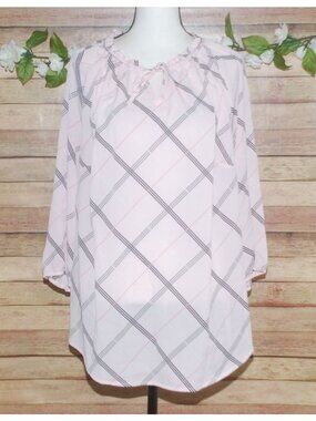 Croft & Barrow Women's 1X Pink Plaid Print Blouse Keyhole Ruffled Neckline
